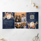Invitation Trois Volets Terre ivoire Floral Marine bleu QR Code Mariage (Intérieur)