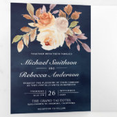 Invitation Trois Volets Terre ivoire Floral Marine bleu QR Code Mariage (Intérieur en premier)