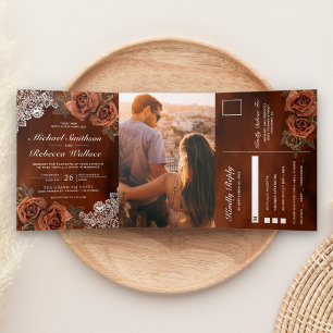 Invitation Trois Volets Terre Rustique Orange Poussiéreuse Terracotta Rose