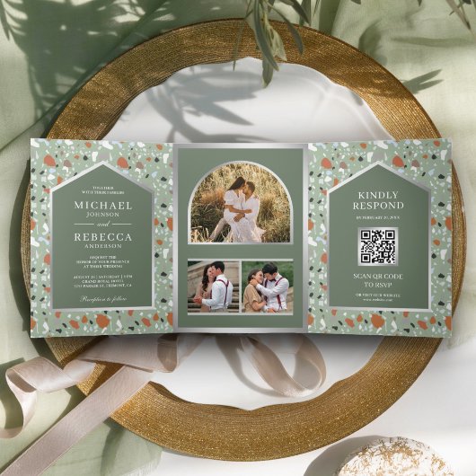 Invitation Trois Volets Terry Sage vert Terrazzo Carreau QR Code Mariage
