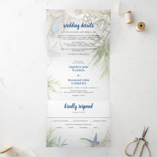 Invitation Trois Volets Thème de mariage moderne sur la plage (Intérieur)