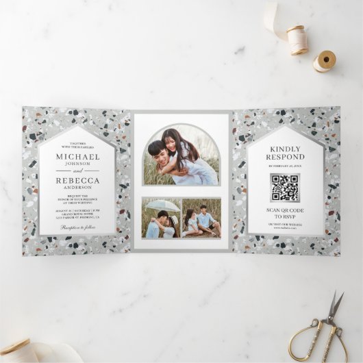 Invitation Trois Volets Tile Gris Terrazzo Photo QR Code Mariage (Intérieur)