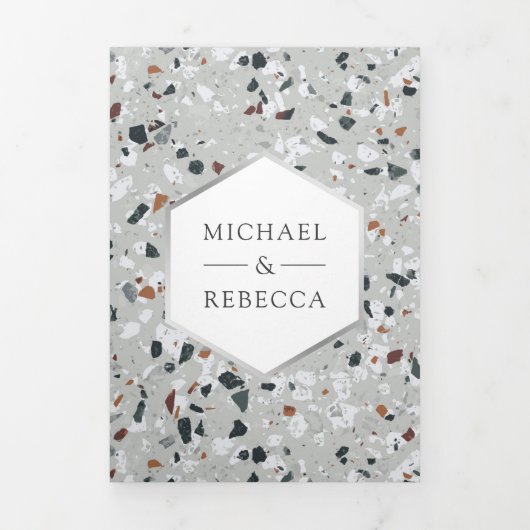 Invitation Trois Volets Tile Gris Terrazzo Photo QR Code Mariage (Page de couverture)