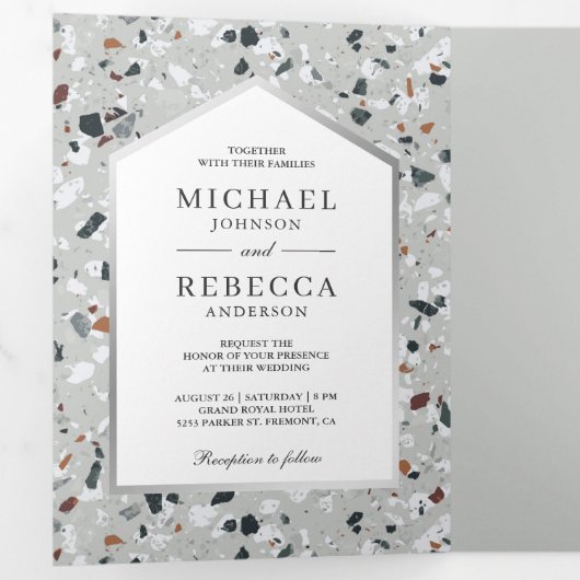 Invitation Trois Volets Tile Gris Terrazzo Photo QR Code Mariage (Intérieur en premier)