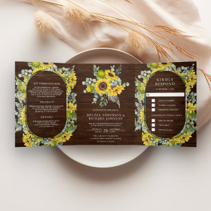 Invitation Trois Volets Tour mariage 3 en 1 tournesols eucalyptus bois rus