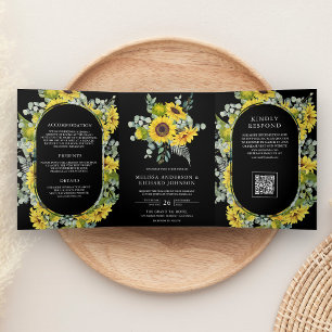 Invitation Trois Volets Tournages de tournesols Code QR noir Mariage