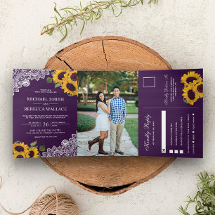 Invitation Trois Volets Tournesol en dentelle violet rustique Mariage Phot