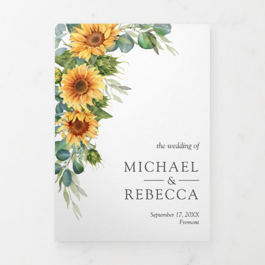 Invitation Trois Volets Tournesol Eucalyptus tout en un Mariage de code QR (Page de couverture)