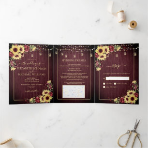 Invitation Trois Volets Tournesol rustique Bourgogne Bois Mariage Floral