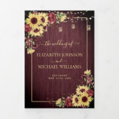 Invitation Trois Volets Tournesol rustique Bourgogne Bois Mariage Floral (Page de couverture)