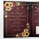 Invitation Trois Volets Tournesol rustique Bourgogne Bois Mariage Floral (Intérieur en premier)