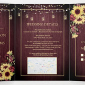 Invitation Trois Volets Tournesol rustique Bourgogne Bois Mariage Floral (Intérieur au milieu)