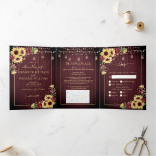 Invitation Trois Volets Tournesol rustique Bourgogne Bois Mariage Floral
