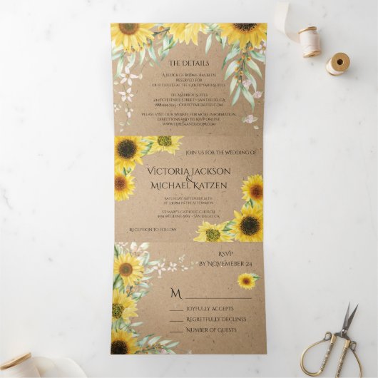Invitation Trois Volets Tournesol rustique Mariage papier Kraft (Intérieur)