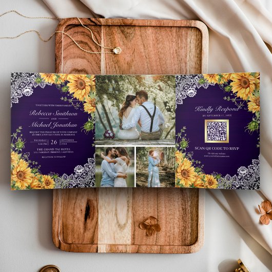 Invitation Trois Volets Tournesol Rustique Royal Violet Bois Code QR Maria