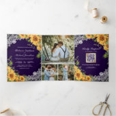 Invitation Trois Volets Tournesol Rustique Royal Violet Bois Code QR Maria (Intérieur)