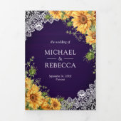 Invitation Trois Volets Tournesol Rustique Royal Violet Bois Code QR Maria (Page de couverture)