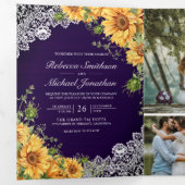 Invitation Trois Volets Tournesol Rustique Royal Violet Bois Code QR Maria (Intérieur en premier)