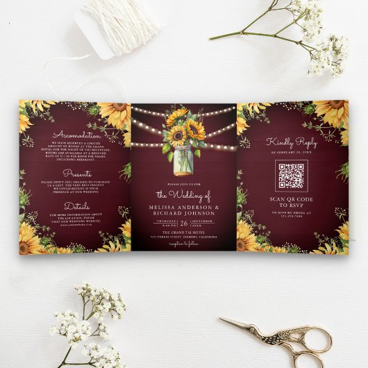 Invitation Trois Volets Tournesols de Bourgogne Pot Mason Code QR Mariage