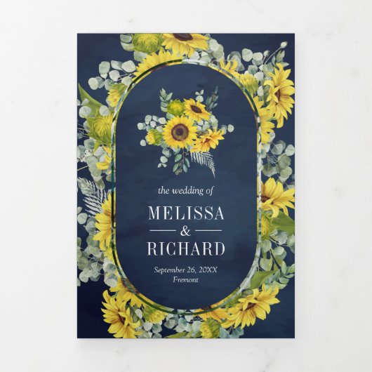 Invitation Trois Volets Tournesols et Eucalyptus 3 en 1 Mariage bleu marin (Page de couverture)