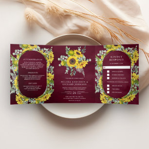 Invitation Trois Volets Tournesols et Eucalyptus 3 en 1 Mariage Bourgogne