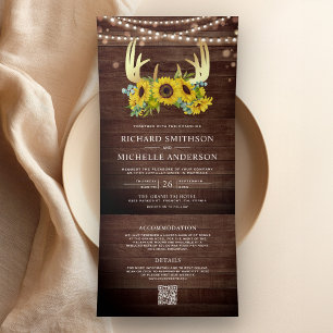Invitation Trois Volets Tournesols Floral Or Antler Bois Code QR Mariage