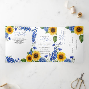 Invitation Trois Volets Tournesols Floraux Bleu Royal Mariage Moderne