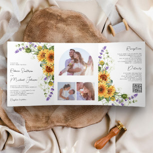 Invitation Trois Volets Tournesols Lavande Tout en Un Code QR Mariage