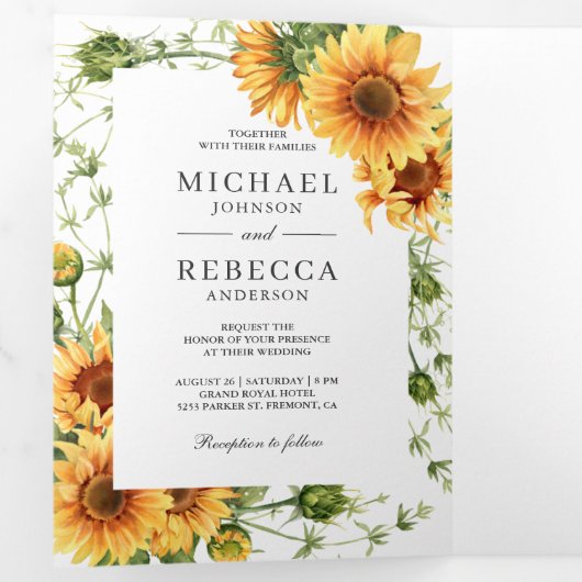 Invitation Trois Volets Tournesols rustiques Arch Photo QR Code Mariage (Intérieur en premier)