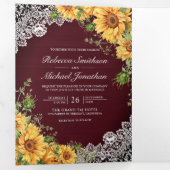 Invitation Trois Volets Tournesols rustiques Burgundy Wood QR Code Mariage (Intérieur en premier)