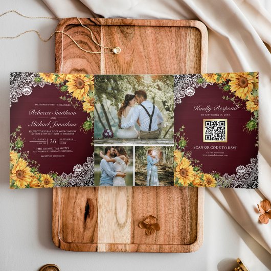 Invitation Trois Volets Tournesols rustiques Burgundy Wood QR Code Mariage