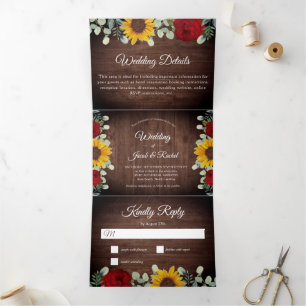Invitation Trois Volets Tournesols Rustiques Eucalyptus Red Roses Mariage