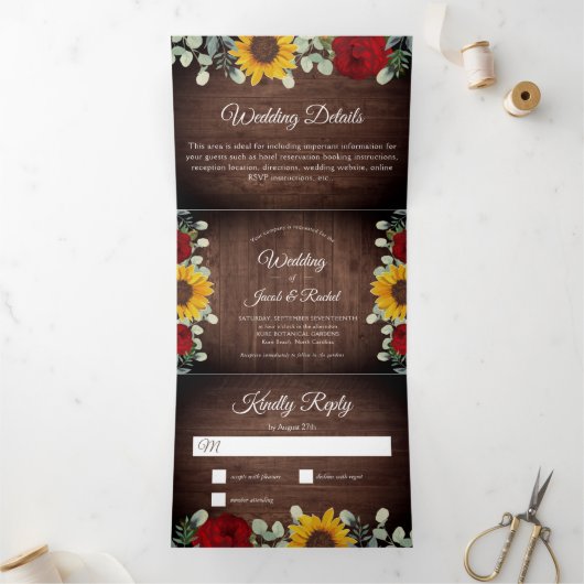 Invitation Trois Volets Tournesols Rustiques Eucalyptus Red Roses Mariage (Intérieur)