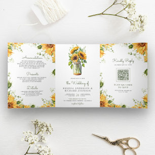 Invitation Trois Volets Tournesols rustiques Mariage Code QR Pot Mason