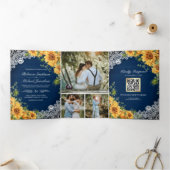 Invitation Trois Volets Tournesols rustiques Marine Bleu Bois QR Code Mari (Intérieur)