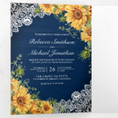 Invitation Trois Volets Tournesols rustiques Marine Bleu Bois QR Code Mari (Intérieur en premier)