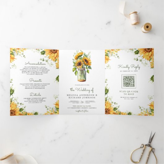 Invitation Trois Volets Tournesols rustiques Mason Jar QR Code Mariage (Intérieur)