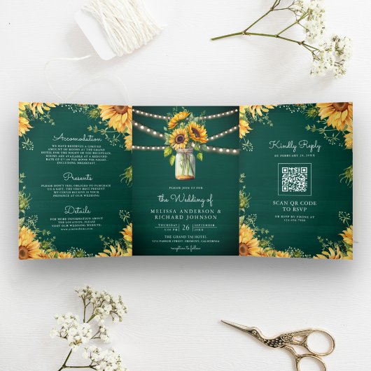 Invitation Trois Volets Tournesols Vert Turquoise Pot en Matière QR Code M