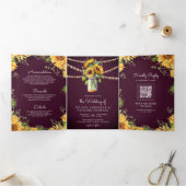 Invitation Trois Volets Tournesols Violet Pourpre Pot en Grès Code QR Mari (Intérieur)