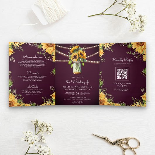 Invitation Trois Volets Tournesols Violet Pourpre Pot en Grès Code QR Mari