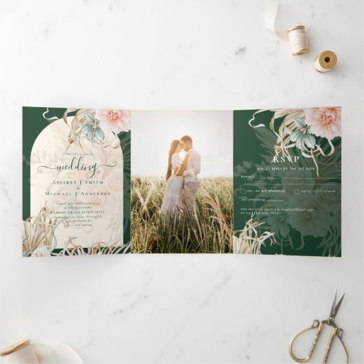 Invitation Trois Volets Tout en 1 Pampas verte - Mariage de pêche à l'herb (Intérieur)