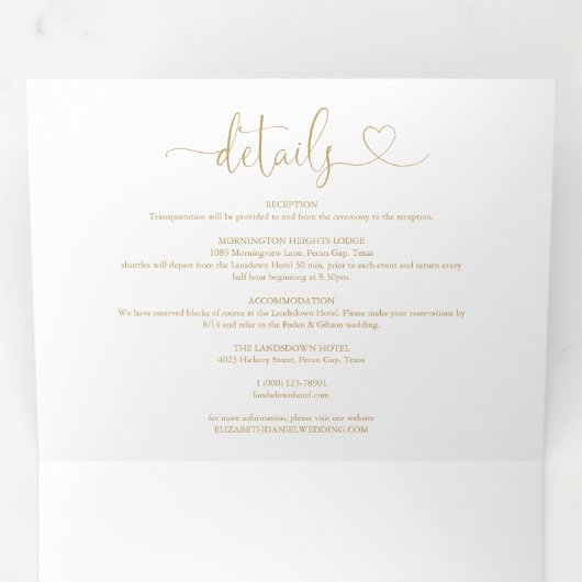 Invitation Trois Volets Tout en un coeur Script Mariage or (Intérieur en premier)