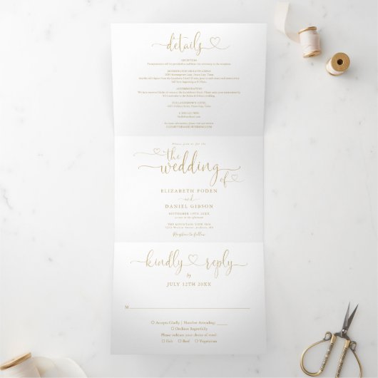 Invitation Trois Volets Tout en un coeur Script Mariage or (Intérieur)