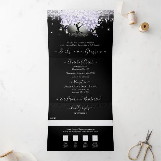 Invitation Trois Volets Tout en un Élégant Lilac Purple Mariage Cardiaque (Intérieur)