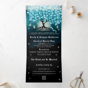 Invitation Trois Volets Tout En Un Élégant Turquoise Aqua Cœur Feuille Tr