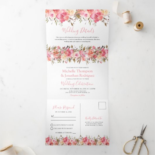 Invitation Trois Volets Tout en une aquarelle rose Mariage (Intérieur)