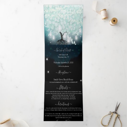 Invitation Trois Volets Tout en une Monnaie Bleu Mariage de feuille de coe (Intérieur)