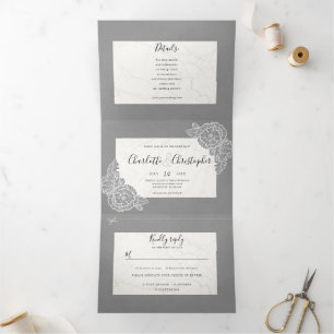Invitation Trois Volets tri-pli gris floral tout en un seul mariage