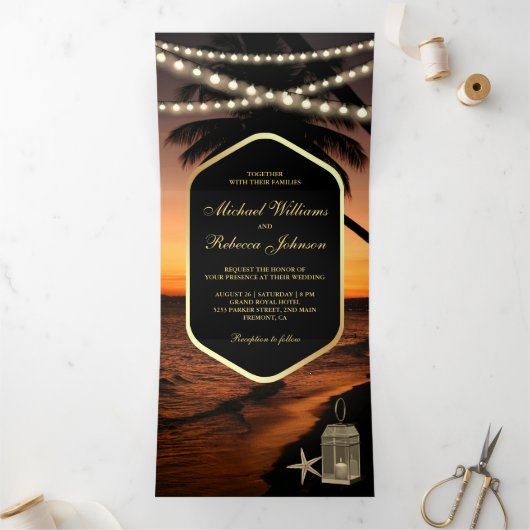 Invitation Trois Volets Tropical Beach Dark Sunset String Mariage (Intérieur)