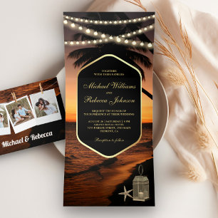 Invitation Trois Volets Tropical Beach Dark Sunset String Mariage